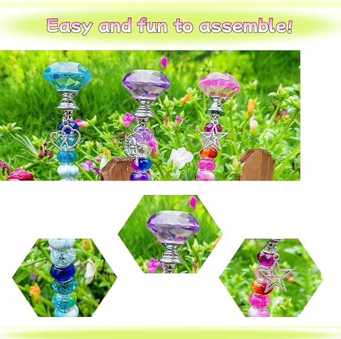 72Pcs DIY Fairy Wand Beaded Garden Stakes Kit Fairy Wands Kit for Different Festivals Fairy Garden Accessories Outdoor Fairy Garden Stakes Decorative, Diamond-(Purple+Lake Blue+Pink)