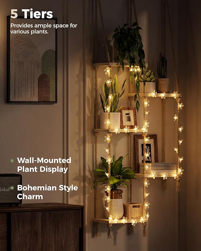 Bamworld Hanging Shelves with Grow Light Plant Hanger Indoor Window Plant Shelves Wood Plant Wall Shelf Window Sill Plant Shelf Indoor Hanging Plant Stand Living Room Decor Garden Boho Decor