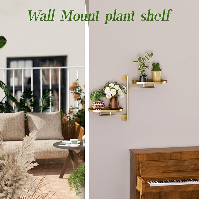 YQSLYSF Window Rotating Plant Stand Shelf Indoor Gold Metal Floating Shelves 2-Tier Wall Mount Plant hanger Holders for Wall Planter Modern Home Decor window sill gifts