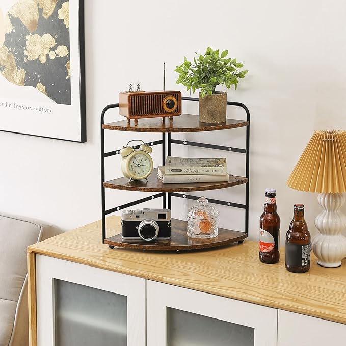 IBUYKE Corner Shelf, Kitchen Counter Organizer, Bathroom Vanity Trays, 3-Tier Spice Rack for Small Spaces,Cosmetic Storage Perfume Holder, Adjustable Height, Rustic Brown,TWJ002H