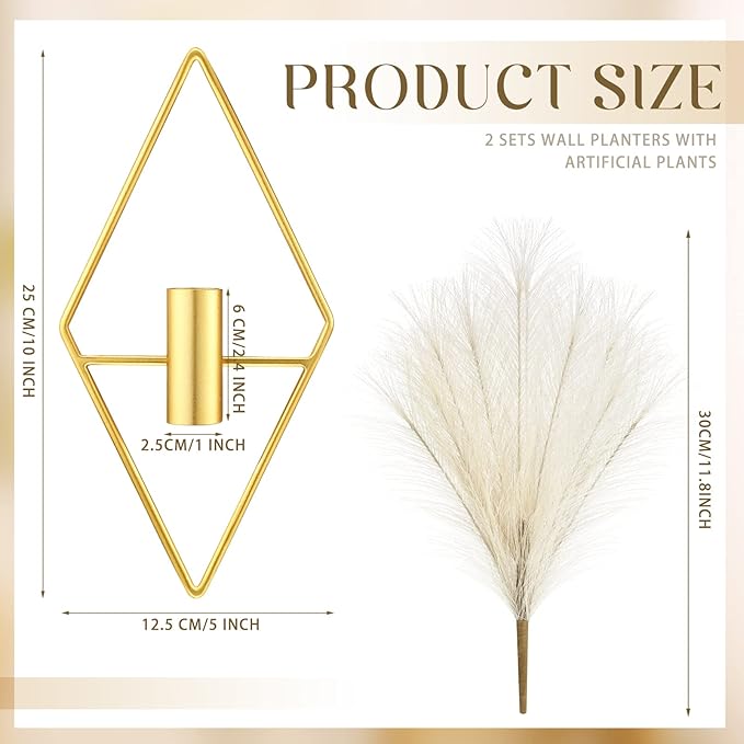 Peryiter 2 Pcs Boho Wall Decor Metal Gold Wall Art Hanging Planters with Artificial Pampas Modern Home Decor Display Art for Living Room Bedroom Bathroom(Rhombus)
