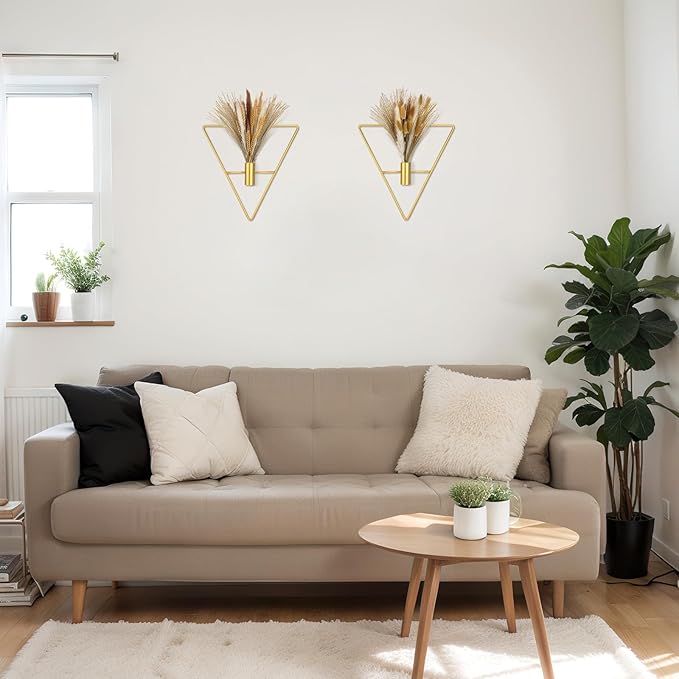 Peryiter 2 Pcs Gold Wall Decor Boho Pampas Hanging Planters with Artificial Pampas Wall Mounted Metal Modern Home Decor Display Art Bedroom Bathroom Living Room(Triangle)