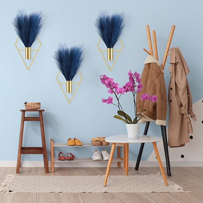 Hanaive 4 Sets Boho Wall Decoration Metal Wall Art Hanging Planters with Artificial Pampas Display Modern Home Vase for Bedroom Home Office (Soft,Dark Blue)