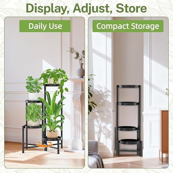iDavosic.ly Plant Stand Indoor Outdoor, 4 Tier Corner Metal Flower Display Holder Shelf, Folding Tall Orchid Rack for Patio Balcony Porch Garden Living Room House, Black