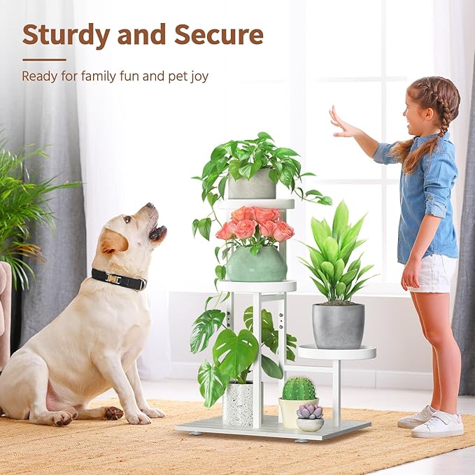 LASZOLA White 3 Tier Plant Stand Indoor Heavy Duty Rack for Modern House Planter, Metal and Wooden Vertical Organizer Decor Narrow Bathroom Floor, Sturdy Multi Level Flower Holder Raised, Cat Proof