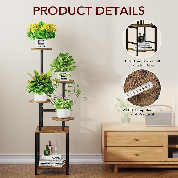Homsorout Round Plant Stand Indoor with Grow Light, 5-Tiered Tall Plant Stand Indoor, Metal Plant Shelf with Adjustable Light, Ideal for Living Room, Garden, Patio (Black Brown)