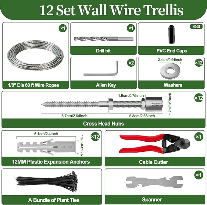 SPECILITE Wire Trellis for Climbing Plants Outdoor, 12-Set T316 Stainless Steel Wall Trellis Kit, 1/8in x 60ft Ropes with Cable Cutter, Espalier System for Fence Wall and Garden DIY