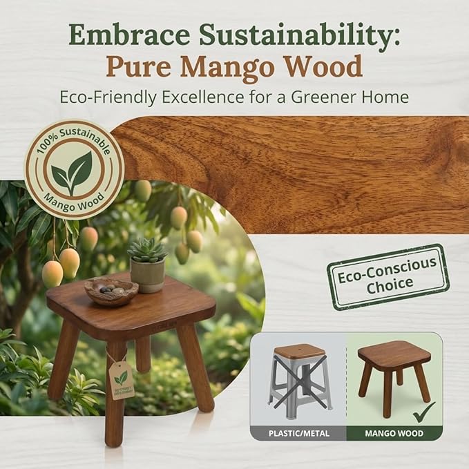 STORE INDYA Wooden Step Stool for Adults Non Slip Small Wooden Square Portable Foot Stool with Detachable Legs, Eco Friendly Mango Wood