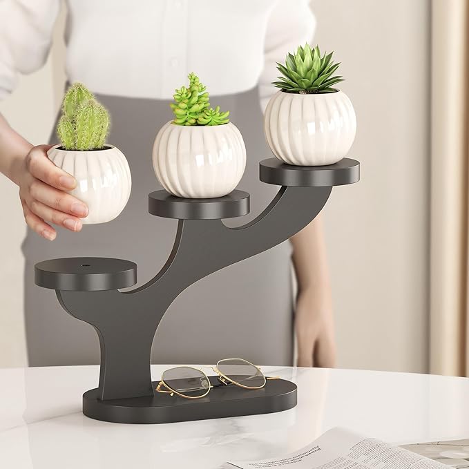 Bamboo Tabletop Plant Stand Indoor, 3 Tier Wood Desktop Small Plant Shelf Window Sill Flower Holder Mini Tiered Plant Display Rack for Patio Balcony Living Room Decor (black)