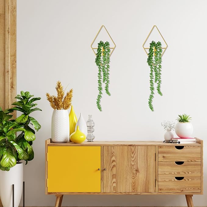Jexine 2 Pcs Boho Wall Decor Gold Hanging Planters with Artificial Plants Wall Art Mounted Metal Home Decor Display Bedroom Bathroom Living Room (Succulent Plants)