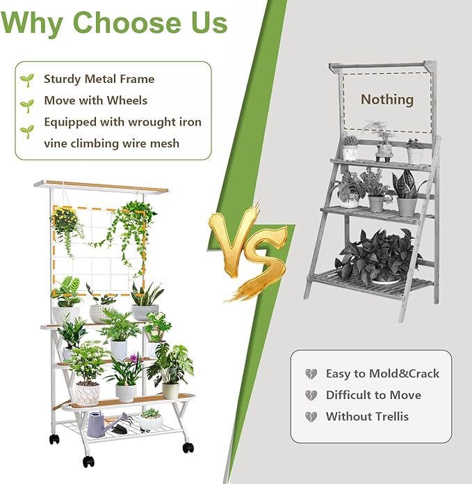 4 Tier Plant Stand Indoor Outdoor with Wheels, Large Metal Plant Shelf for Multiple Plants, Heavy Duty 130 lbs Capacity, Tall Flower Rack for Living Room Patio Balcony Garden, White