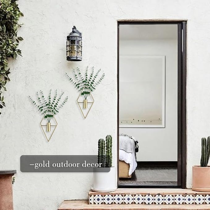 GREENTIME 2 Pack Hanging Plants Faux Eucalyptus with Gold Diamond Metal Hanging Vase for Teacher Appreciation Living Room Bedroom Boho Kitche Wall Shelf Outdoor