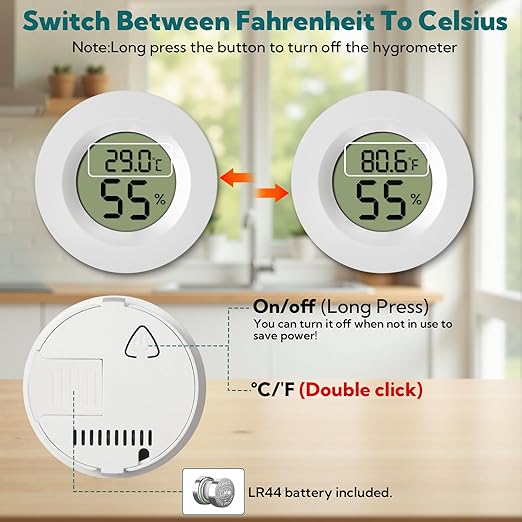 4-Pack Mini Hygrometer Thermometer Digital Humidity Meter Indoor/Outdoor Humidity Monitor with Temperature Sensor for Reptile Terrariums, Jars - Fahrenheit/Celsius White