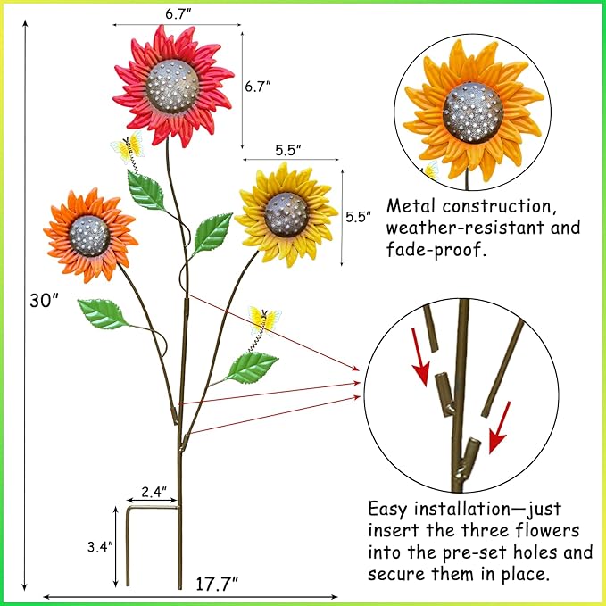 Metal Flowers for Outside, 30-Inch Iron Sunflower Garden Stakes Set of 2, Colorful Metal Yard Art for Outdoor and Garden, Decorative Garden Stakes for Patio & Lawn Decor