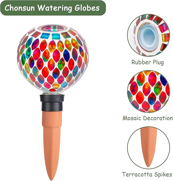 Plant Watering Globes Mosaic Self Watering Planter Insert 2 Pack Large Terracotta Watering Spikes Automatic Waterer Device Outdoor Indoor Flower Pots Decorations