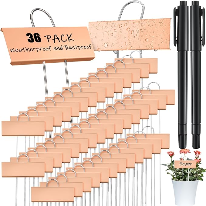 Maitys 38 Pcs Metal Plant Labels Garden Markers Outdoor Weatherproof 10.6 Inch Stainless Steel Nursery Tags Reusable Bulk with Pens for Flower Fruit Vegetable Seedling (Rose Gold Label with Black Ink)