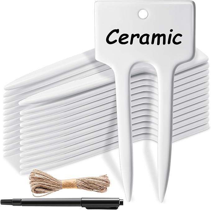 Colingmill 24 Pack Ceramic Plant Labels Garden Markers 4 Inch T-Type Plant Name Tags Herbs Succulent Name Tags for Indoor Outdoor Markers Tree Reusable Waterproof Label Stakes