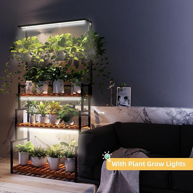Hanging Plant Stand with Grow Light, 3 Tier Metal Plant Stand for Indoor Plants Multiple, Large Plant Shelf Display Holder, Ladder Shape Plant Rack for Living Room, Patio, Balcony