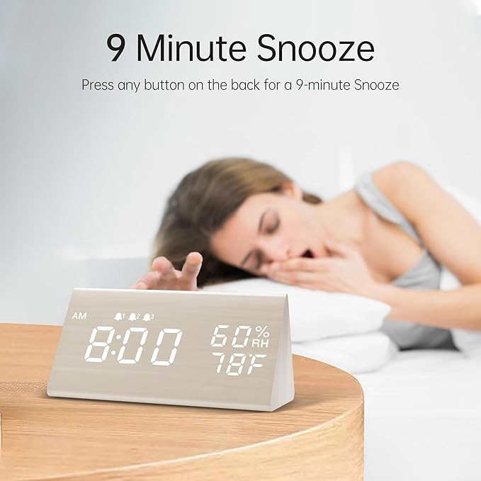 JALL Digital Alarm Clock, with Wooden Electronic LED Time Display, 3 Alarm Settings, Humidity & Temperature Detect, Wood Made Electric Clocks for Bedroom, Bedside (White)