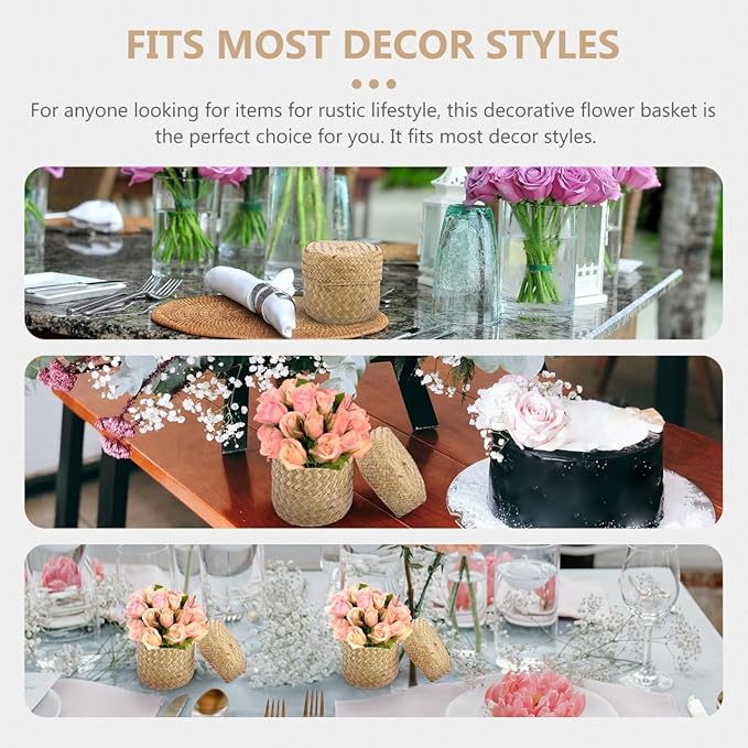 PRETYZOOM Handmade Woven Flower Basket with Lid Mini Straw Storage Basket for Home Decorations Gift Packaging Sundries Container 5.11X5.11X4.13 Inch