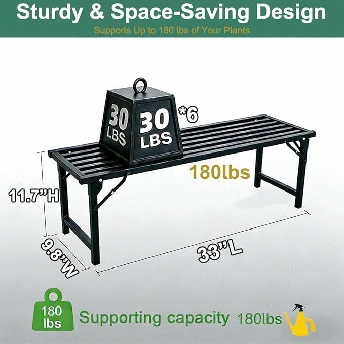 Foldable Plant Stand, No Assembly Heavy Duty Iron Plant Shelf, Rustproof Single Tier Plant Rack for Indoor Outdoor, Long Narrow Flower Stand for Patio Balcony Garden Living Room, 33" L x 9.7" W x 11.7" H