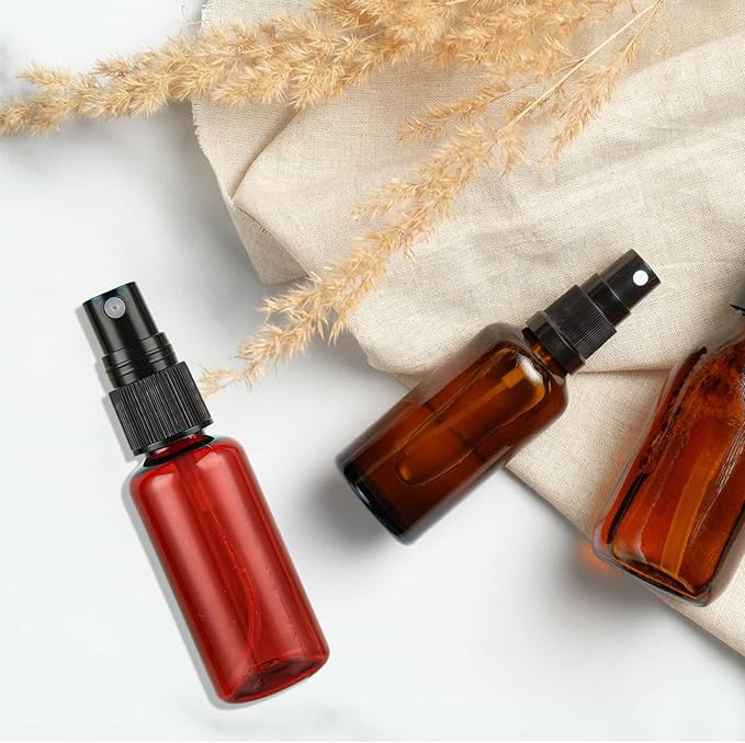 60PCS 1 oz Amber Spray Bottles Mini Spray Bottle Small Spray Bottle Plastic for Essential Oils, with Funnel & Stickers Refillable for Travel Cleaning Beauty