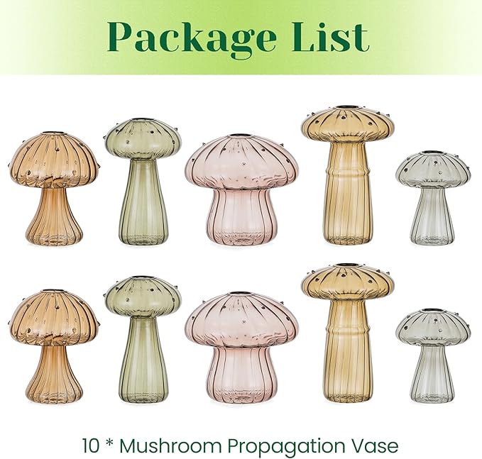 Hewory Glass Mushroom Propagation Stations: Set of 10 Unique Propagation Jars Glass Planter for Indoor Plants Home Decor - Amber Mushroom Vase Christmas Birthday Gifts for Plant Lovers Women Girls