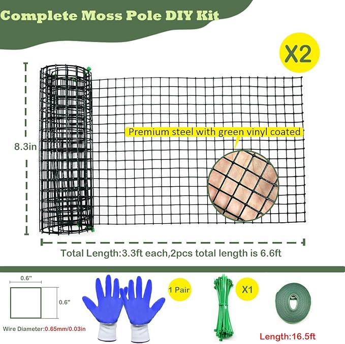 Moss Pole DIY Kit, 6.6ft Metal Moss Pole for Plants Monstera, 2Pcs 8.3in×3.3ft Steel Wire Mesh with Cable Zip Ties, Max Make 4Pcs 20" Sphagnum Moss Pole (6.6ft Wire Mesh Without Plier)
