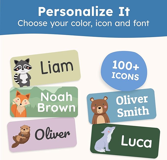 Personalized Name Labels for Kids (140 Labels) - Durable & Waterproof Custom Name Stickers for Clothing Tags, School Supplies, Camp & Daycare - Animal Forest (1.2”x0.5”)