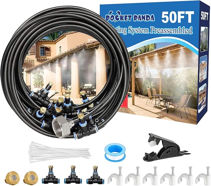 POCKET PANDA Pre-Assembled Misters for Outside Patio,Outdoor Water Misting Cooling System,50FT|15M.Backyard Mist Kit for Garden,Greenhouse,Deck,Umbrella