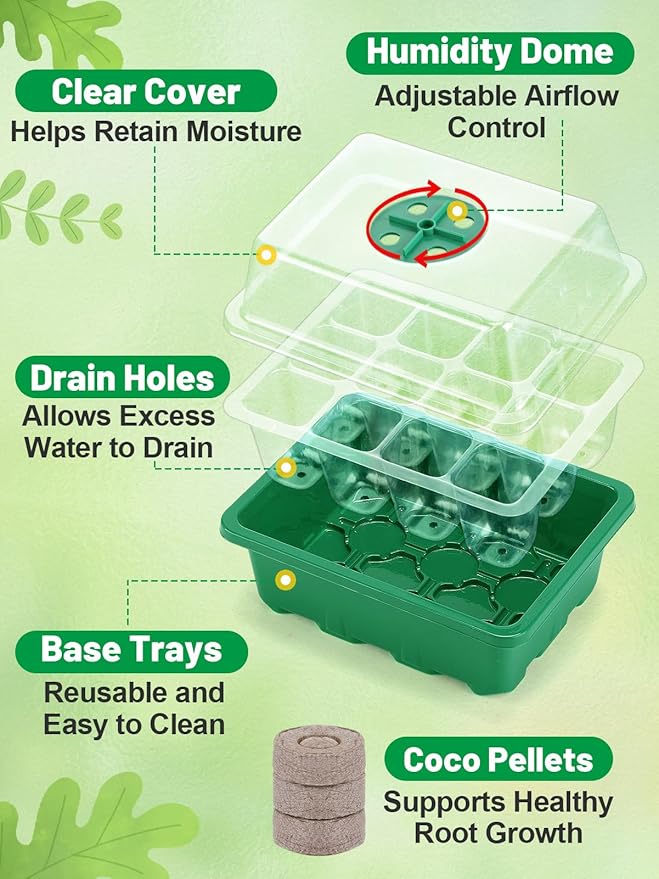 Apipi 3 Pack Seed Starter Kit with 36 Coco Coir Pellets - 36 Cell Seed Starter Trays with Domes for Indoor Greenhouse Germination, Home Gardening System for Vegetables/Herbs/Flowers