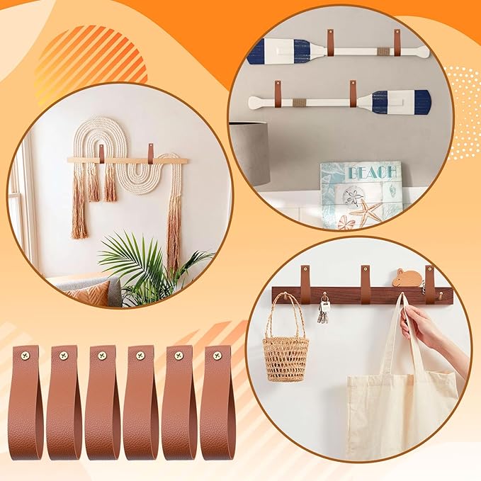 Curtain Rod Holders,Set of 8 Leather Curtain Rod Brackets with Screws,PU Curtain Rod Hangers Stylish Brown Leather Straps Hooks for Wall Pole Macrame Boho Art Décor, CH-005