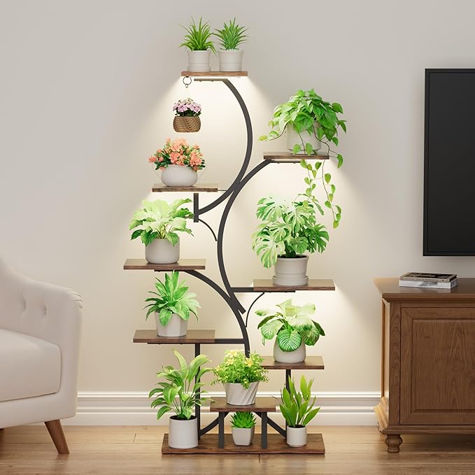 Plant Stand Indoor with Grow Light: Lighted Plant Stands 54.6" Tall, 9 Tiered Large Plant Shelf for Indoor Growing, S-Shaped Flower Holder Display for Multiple Plants, Living Room, Patio (Black)