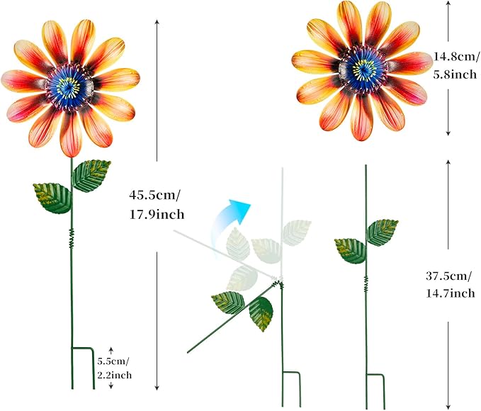 Metal Flowers Garden Stakes Outdoor Decor, 18 inch Shaking Flower Garden Yard Art, Weather Proof Flower Stakes for Yard Lawn Porch Pathway Patio Plant Pot Decorations, 4 Pack (Flower-b-Head)