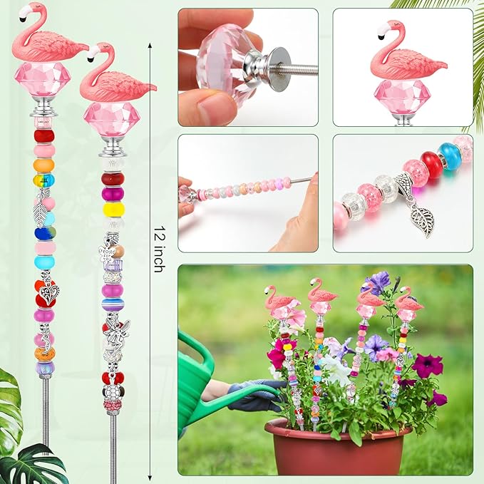 Lineshading 95 Pcs Beaded Garden Stakes Kit Flamingo Decorative DIY Fairy Wand Garden Stake Beads Kits for Plant Stakes Toppers Jeweled Ornament DIY Craft Supplies
