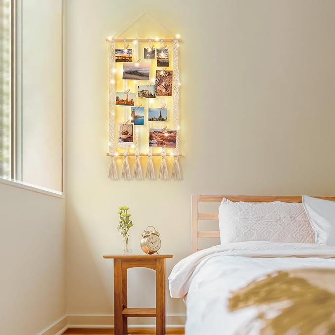 Dahey Macrame Hanging Photo Display Dorm Wall Decor Boho Picture Frames Collage for Picture String with Clips Photo Hanger with Lights Artwork for Teen Girl College Living Room Bedroom Christmas Gift