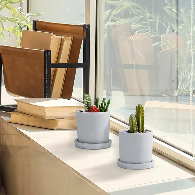 MyGift Set of 2 Mini 4-Inch Gray Cement Succulent Planters – Modern Unglazed Concrete Plant Pots with Removable Saucers