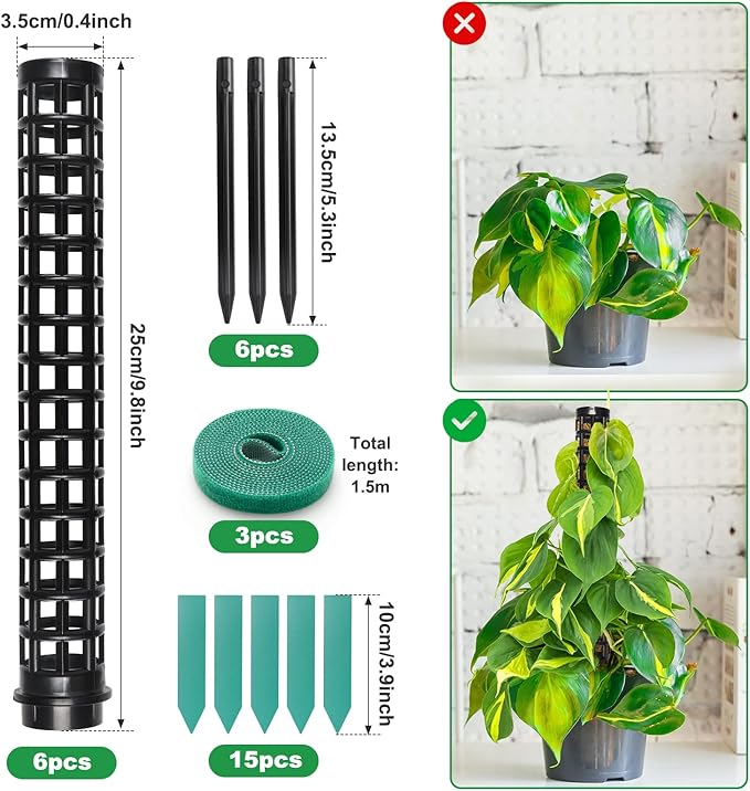LangRay Moss Pole for Climbing Plants Monstera, Indoor Plant Supports, Plastic Moss Stick, Plant Stake for Garden, Extension Aid Climbing Rob (Black, 6pcs 10inch)