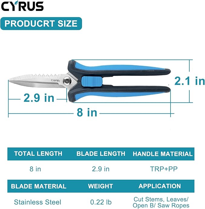 CYRUS Pruning Shears 8" Hand Gardening Scissors Extended Straight Carbon Blades Trimming Precision Bud Scissors with Sharp Serrations Widely Used for Gardening, Hydroponics, Grow Tents