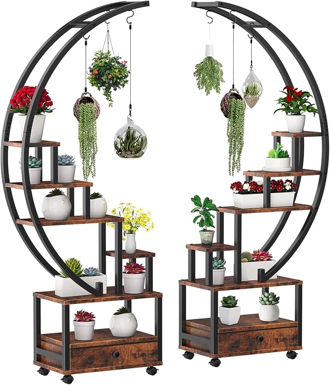 2 Pcs 6 Tier Tall Metal Indoor Plant Stand with Detachable Wheels,Half-Moon-Shaped Plant Shelf Holder with Drawer,Multi-Purpose Plant Stands for Home Decor,Balcony,Patio,Garden,Rustic Brown