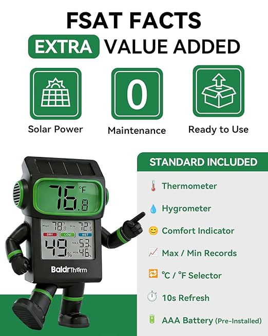BALDR Indoor Thermometer Hygrometer, Solar Power with Battery Backup, Large Display, Daily Max/Min & Comfort Indicator Humidity Meter（Black）