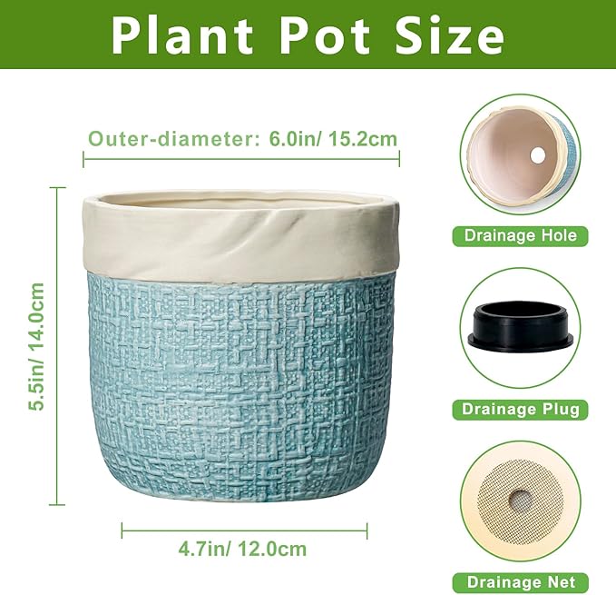 Ceramic Pots for Plants - 6 Inch Plant Pot for Indoor Succulent Plants, Round Planters with Drainage Hole, Decorative Flower Pots, Garden House Room Decor, Gardening Gifts for Women, Blue