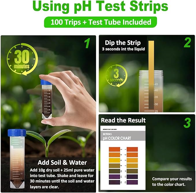 Soil Moisture Meter - Included 200+ Plants Care Guide, 100 pH Test Strips & Sample Tube, Soil Water Tester, Soil Hygrometer Sensor Tool for Garden, Lawn, Farm Plants Care, No Battery Needed