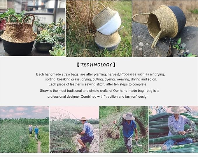 Snacko Handmade Bamboo Storage Baskets - Foldable Laundry Wicker Rattan Seagrass Belly Planter Baskets For Home Decor And Garden Use(Color 2,S 22cmX20cm)