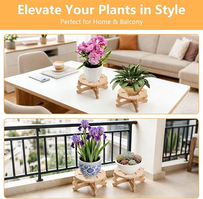 2Pc Plant Stand Indoor,Natural Bamboo Plant Stand Indoor,No Screws Required Stable Outdoor Plant Pot Stand for 5-15 lnch Pots,Mid-Century Modern Plant Stool for Living Room, Balcony, Office