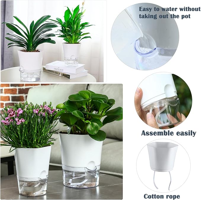 10-Pack 4.33" Clear Self Watering Pots for Indoor Plants Large Hexagon Self-Watering Planters Orchid Pots Plastic Wick Flower Plant Pots for African Violet, Spider, Herbs, Home Decor, White and Clear