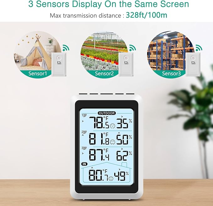ORIA 3 Sensor Wireless Indoor Outdoor Thermometer Hygrometer, Digital Temperature Humidity Monitor with Backlit Display, Min/Max Records, Celsius/Fahrenheit Switch for Home, Garden, Greenhouse