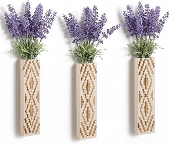 3 Pack Boho Wood Wall Planters for Indoor Plants- Geometric Hanging Vases, Modern Farmhouse Wall Decor Holders for Entryway, Bathroom & Living Spaces, Plants Excluded (Log Color-b)