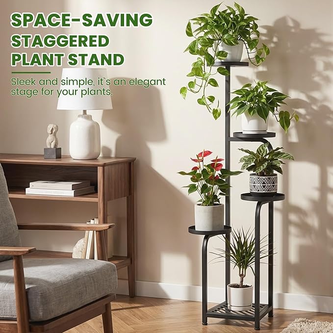 TOSKING 5 Tier Tall Plant Stand Indoor Outdoor,Anti-Tip Plant Stand indoor, Wide Base for Pots, Child and Pet Friendly,Heavy Duty Corner Shelf for Plants & Decor, Space Saving ,Tiered Metal Flower Pot Stand for Balcony, Garden, Living Room, Patio (Blac...