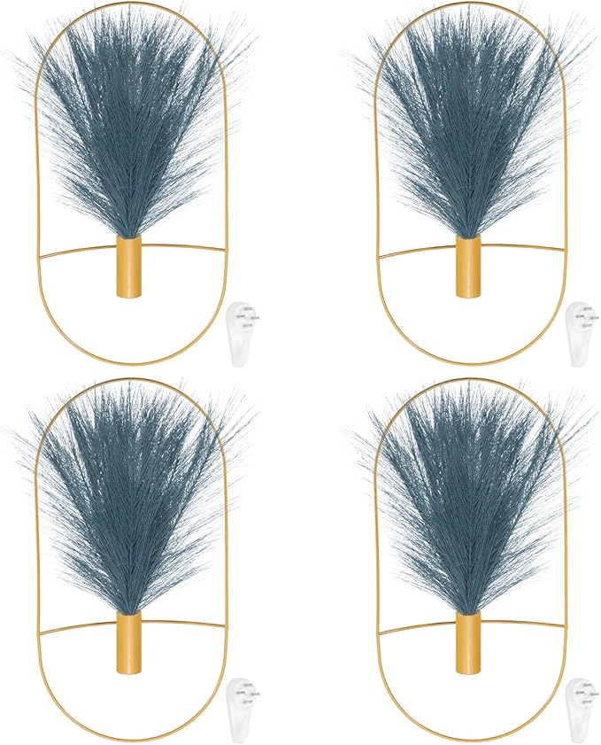 uxcell 4 Pcs Wall Decor Metal Gold Wall Art Hanging Planters with Artificial Pampas, Wall-Mounted Decor Metal for Display Artwork Plant Hanging Living Room Bedroom, Blue (Oval)
